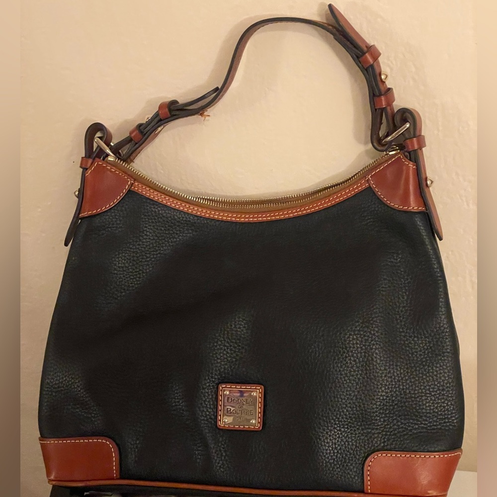 Dooney & Bourke Shoulder Bag in Black Leather, Brown Accents and Gold Hardware